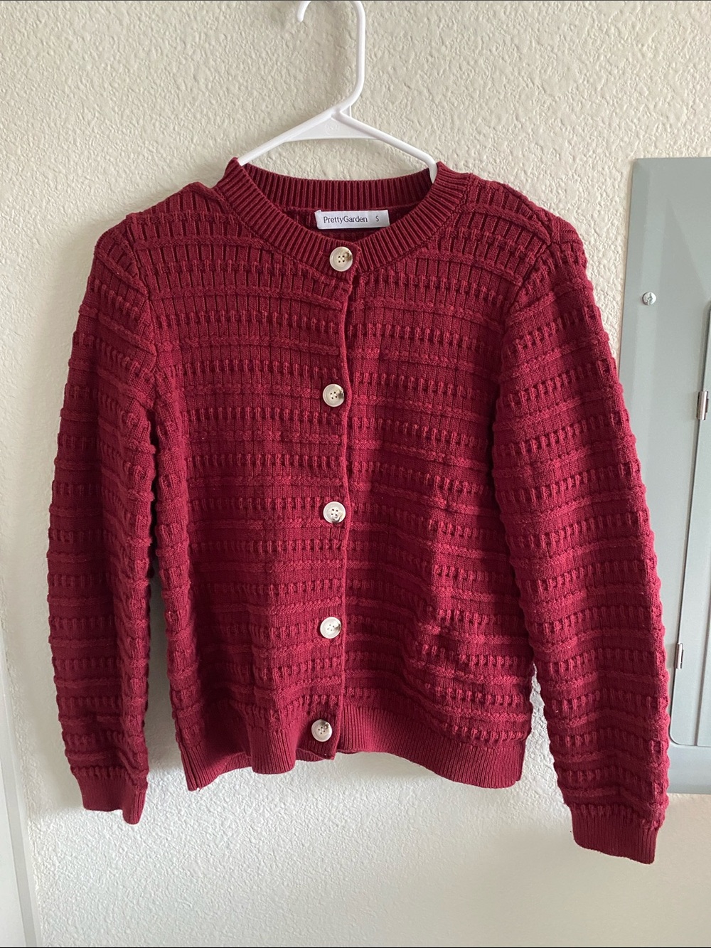 Women's PrettyGarden Maroon Button Up Textured Cardigan Sweater